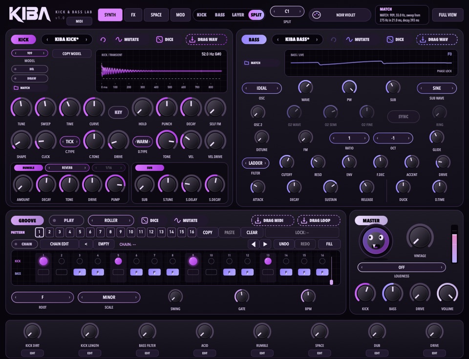 KIBA plugin window: kick and bass panels, groove sequencer and master section